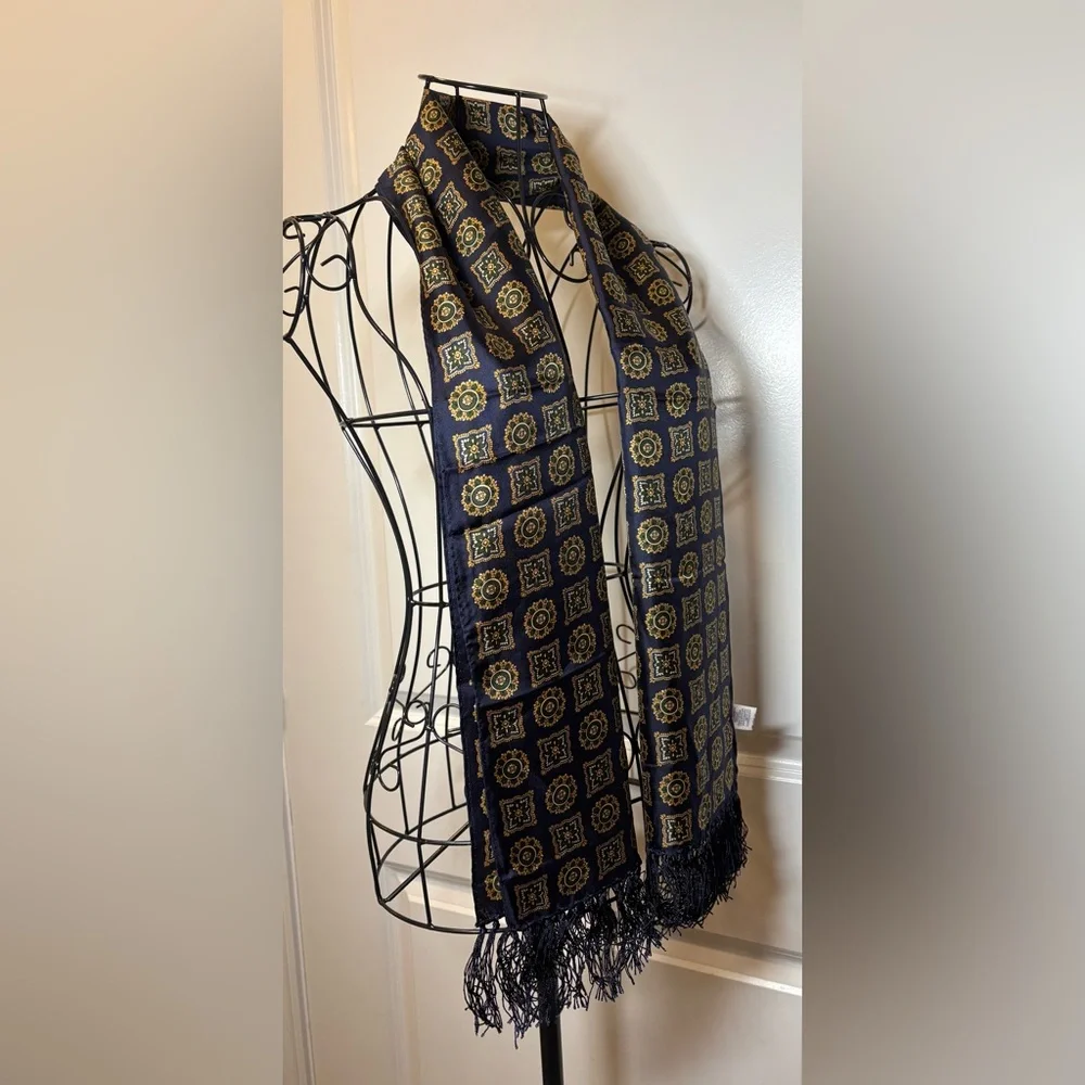 ECHO‎ Vintage Navy and Gold 100% Silk Patterned Scarf